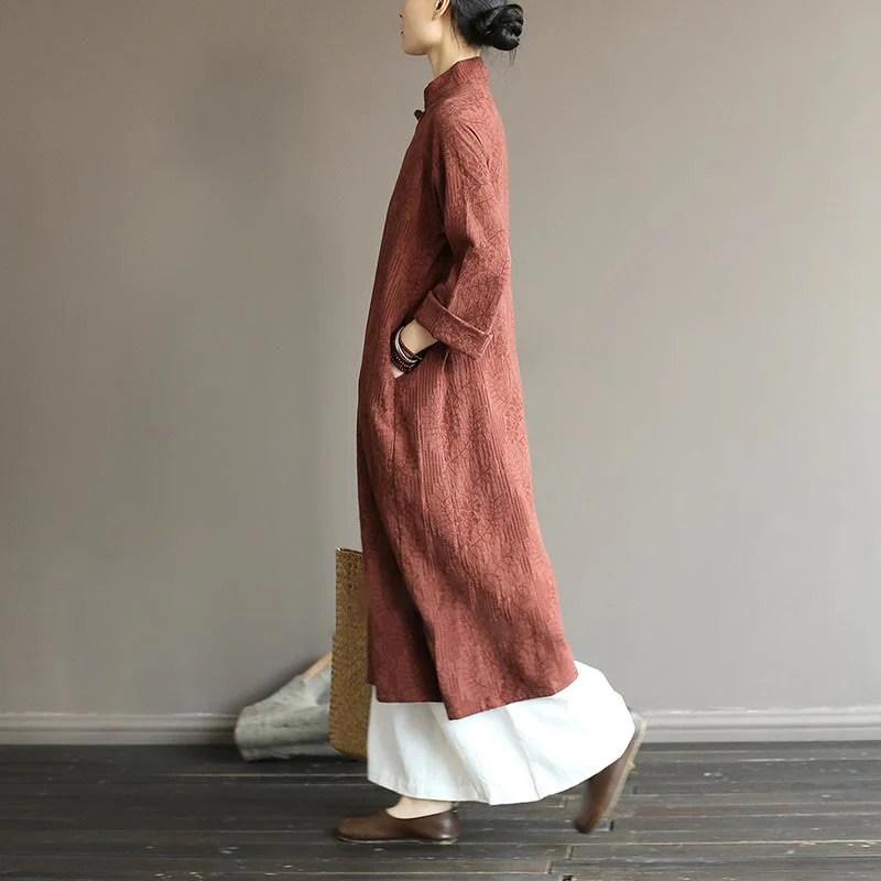 Abito midi jacquard con motivo floreale Buddha Stones, maniche lunghe, in cotone e lino, pantaloni a gamba larga con tasche. - Image 36