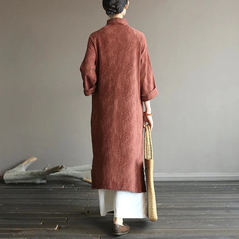 Abito midi jacquard con motivo floreale Buddha Stones, maniche lunghe, in cotone e lino, pantaloni a gamba larga con tasche. - Image 37