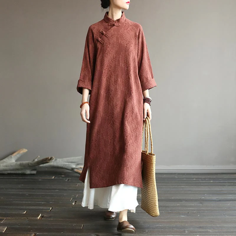 Abito midi jacquard con motivo floreale Buddha Stones, maniche lunghe, in cotone e lino, pantaloni a gamba larga con tasche. - Image 38