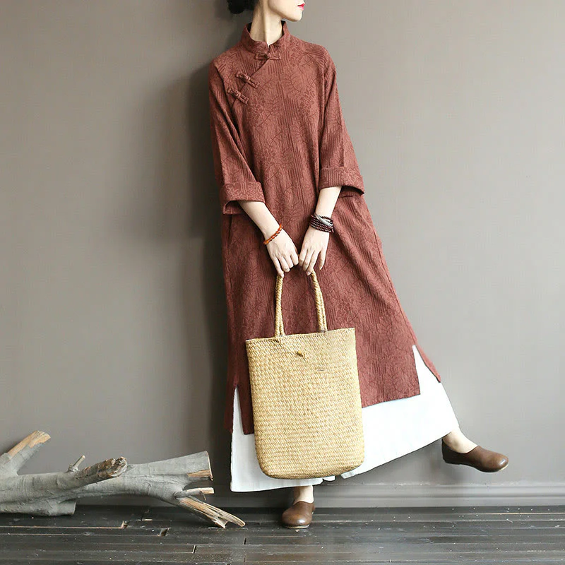 Abito midi jacquard con motivo floreale Buddha Stones, maniche lunghe, in cotone e lino, pantaloni a gamba larga con tasche. - Image 39