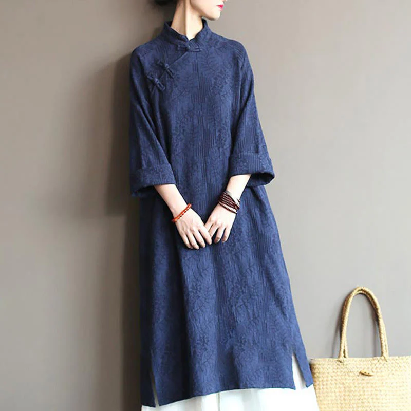 Abito midi jacquard con motivo floreale Buddha Stones, maniche lunghe, in cotone e lino, pantaloni a gamba larga con tasche. - Image 43