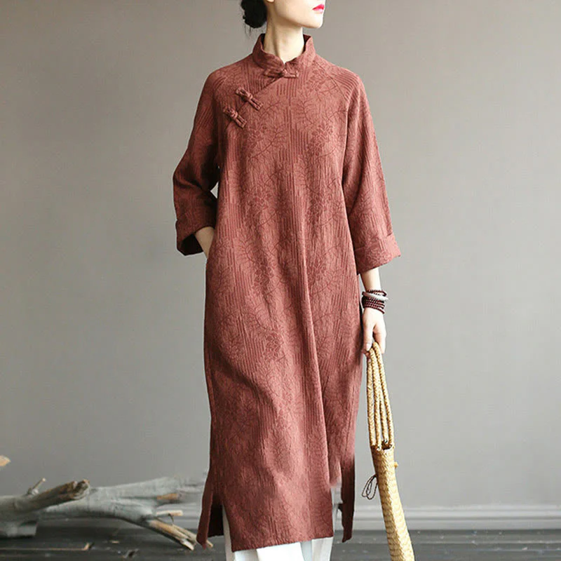 Abito midi jacquard con motivo floreale Buddha Stones, maniche lunghe, in cotone e lino, pantaloni a gamba larga con tasche. - Image 47