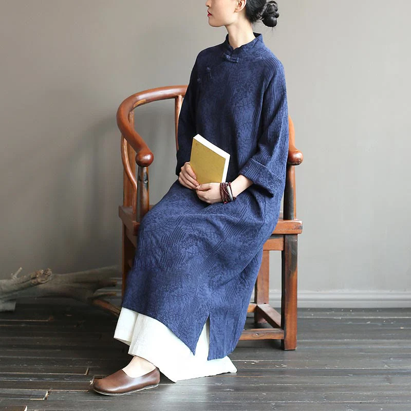Abito midi jacquard con motivo floreale Buddha Stones, maniche lunghe, in cotone e lino, pantaloni a gamba larga con tasche. - Image 8