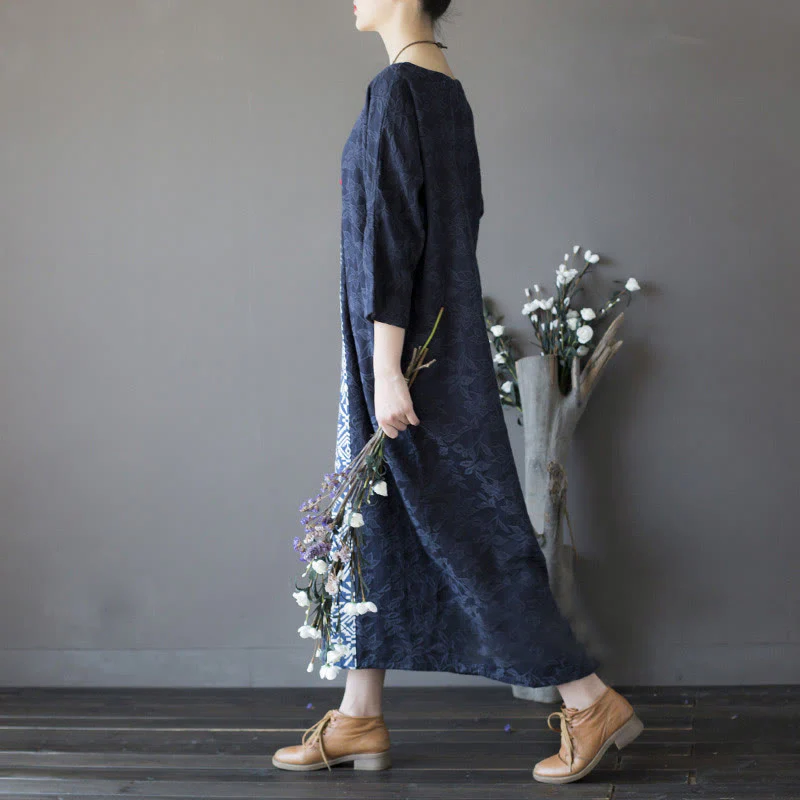 Abito midi in jacquard con ricamo di fiori blu Buddha Stones , abito in cotone con maniche a tre quarti e tasche - Image 3