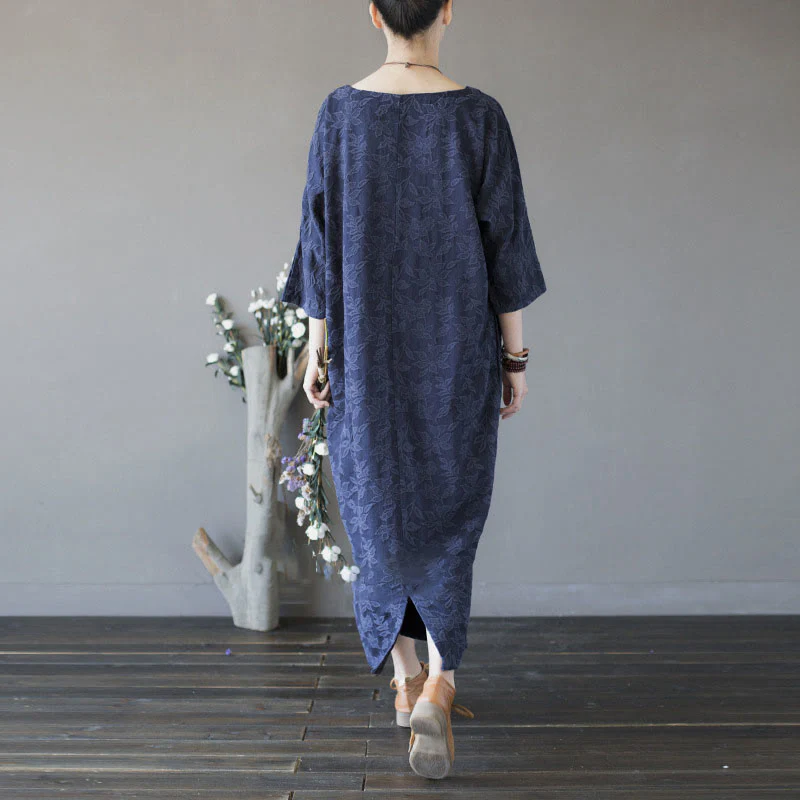 Abito midi in jacquard con ricamo di fiori blu Buddha Stones , abito in cotone con maniche a tre quarti e tasche - Image 4