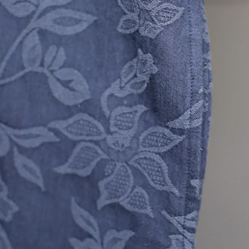 Abito midi in jacquard con ricamo di fiori blu Buddha Stones , abito in cotone con maniche a tre quarti e tasche - Image 9