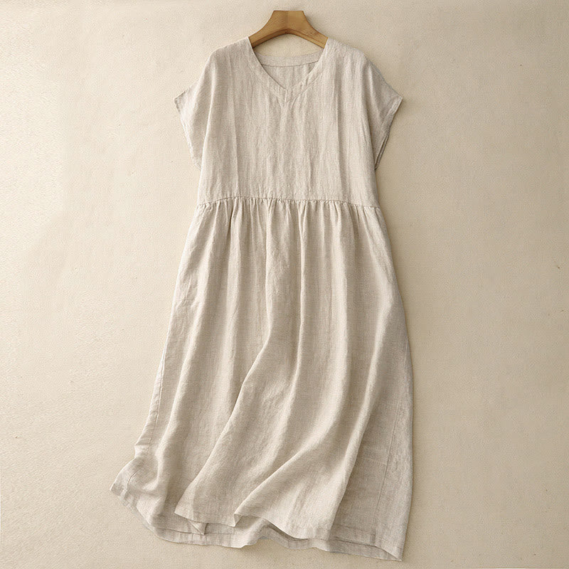 Abito midi in lino e cotone, casual, artistico, tinta unita, semplice, a vita alta, con tasche, a maniche corte, con Buddha Stones
