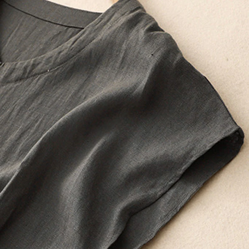 Abito midi in lino e cotone, casual, artistico, tinta unita, semplice, a vita alta, con tasche, a maniche corte, con Buddha Stones - Image 11