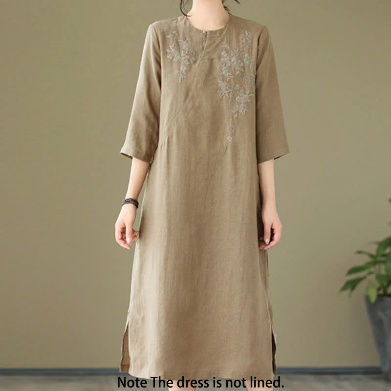 Abito midi in lino e cotone con maniche a tre quarti, ricamo vintage Buddha Stones e tasche - Image 2
