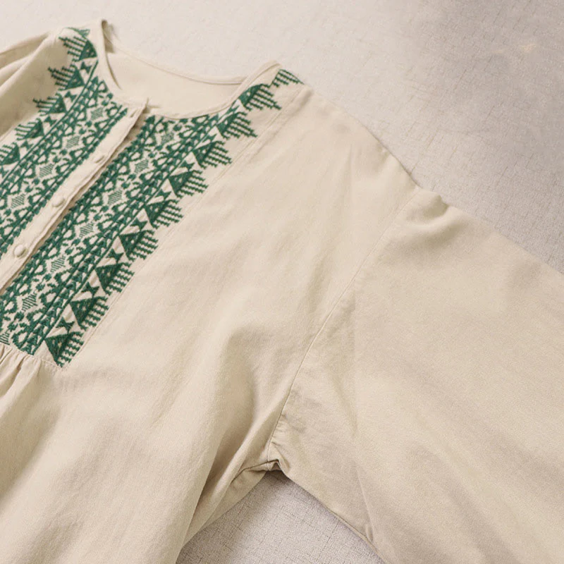 Abito midi in lino e cotone con maniche lunghe a lanterna, casual, artistico, con ricamo geometrico e bottoni sul davanti, Buddha Stones - Image 12