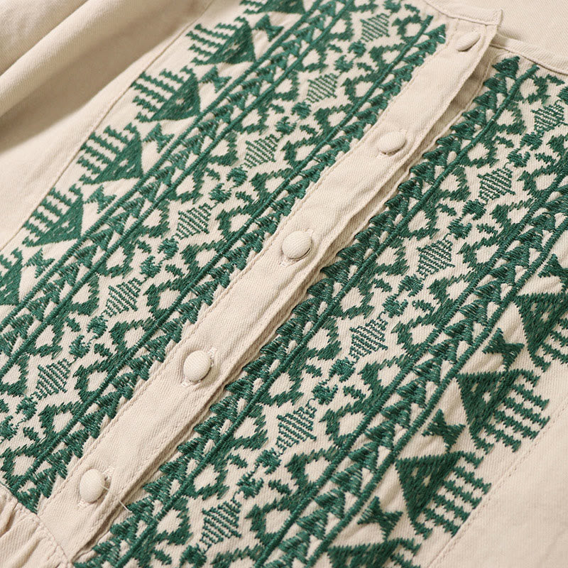 Abito midi in lino e cotone con maniche lunghe a lanterna, casual, artistico, con ricamo geometrico e bottoni sul davanti, Buddha Stones - Image 16