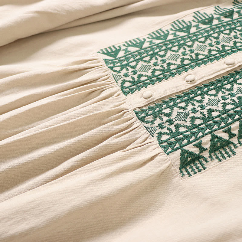 Abito midi in lino e cotone con maniche lunghe a lanterna, casual, artistico, con ricamo geometrico e bottoni sul davanti, Buddha Stones - Image 17