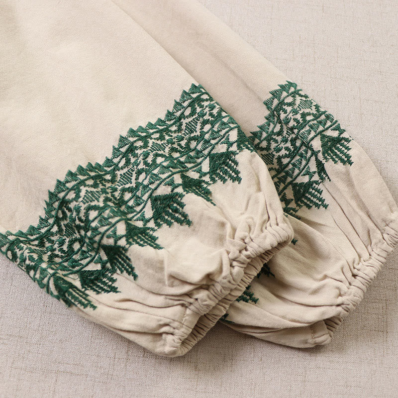 Abito midi in lino e cotone con maniche lunghe a lanterna, casual, artistico, con ricamo geometrico e bottoni sul davanti, Buddha Stones - Image 18
