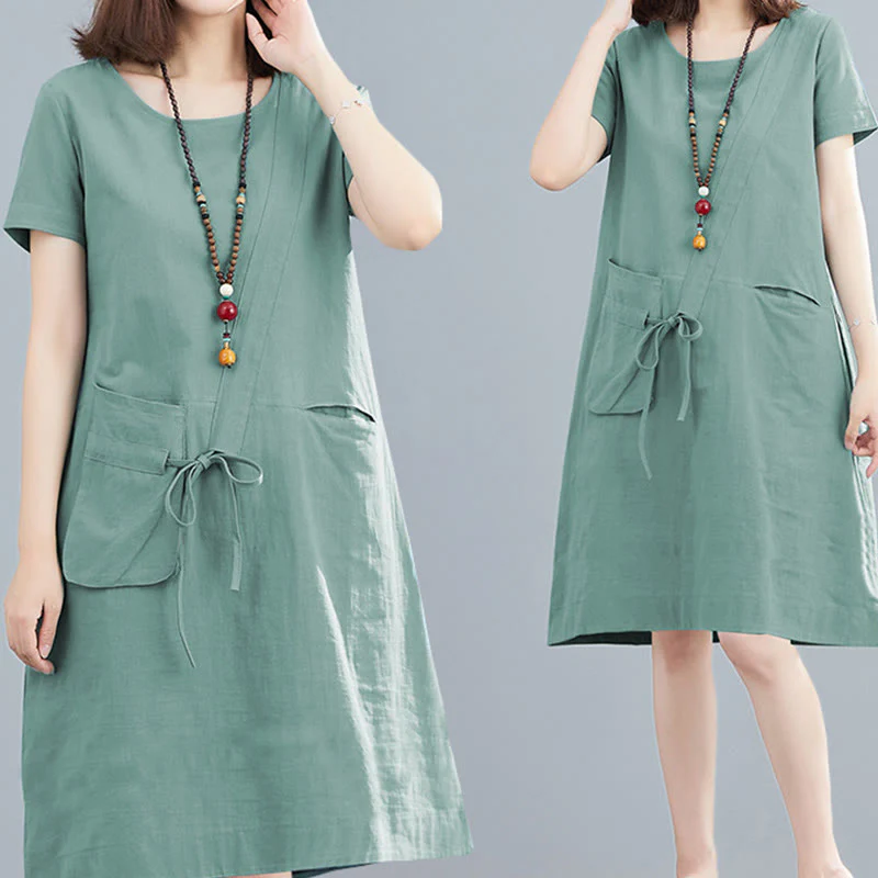 Abito midi in lino e cotone con tasche, casual estivo, con lacci, girocollo, manica corta, Buddha Stones - Image 21