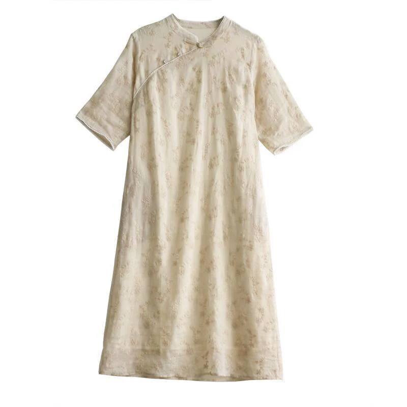 Abito midi in ramie con tasche, colletto obliquo ricamato, manica corta, colletto alto, casual, motivo Buddha Stones - Image 10