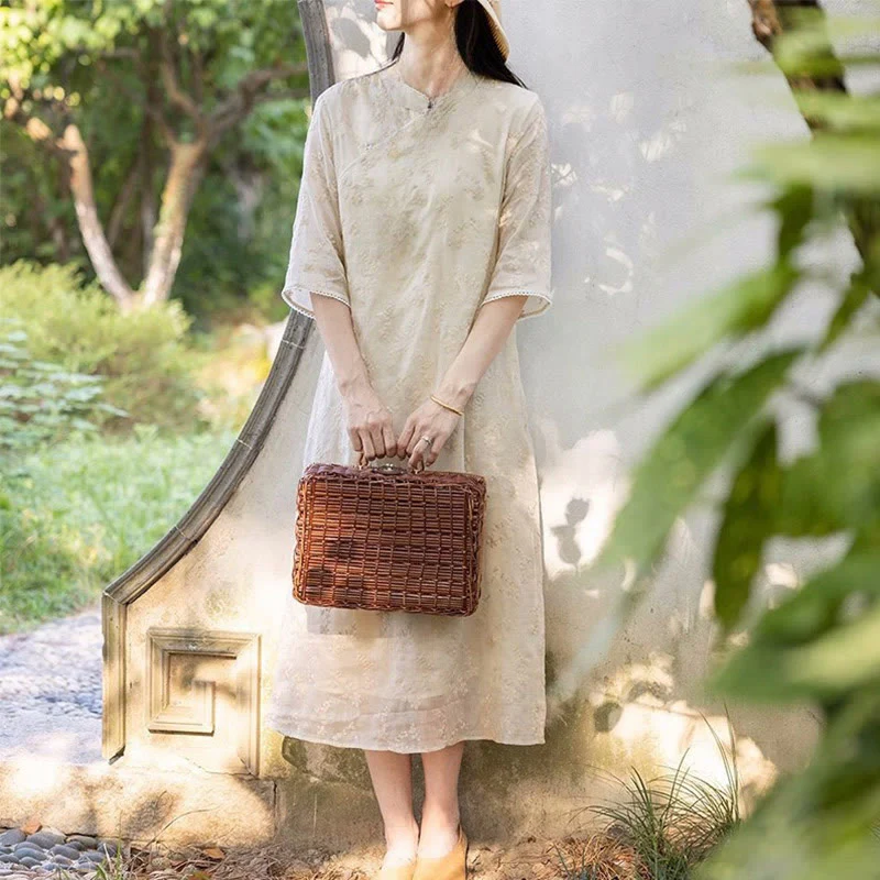 Abito midi in ramie con tasche, colletto obliquo ricamato, manica corta, colletto alto, casual, motivo Buddha Stones - Image 2