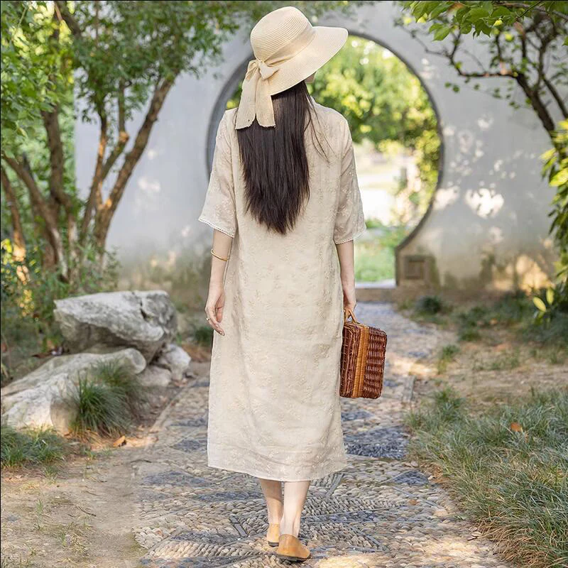 Abito midi in ramie con tasche, colletto obliquo ricamato, manica corta, colletto alto, casual, motivo Buddha Stones - Image 3