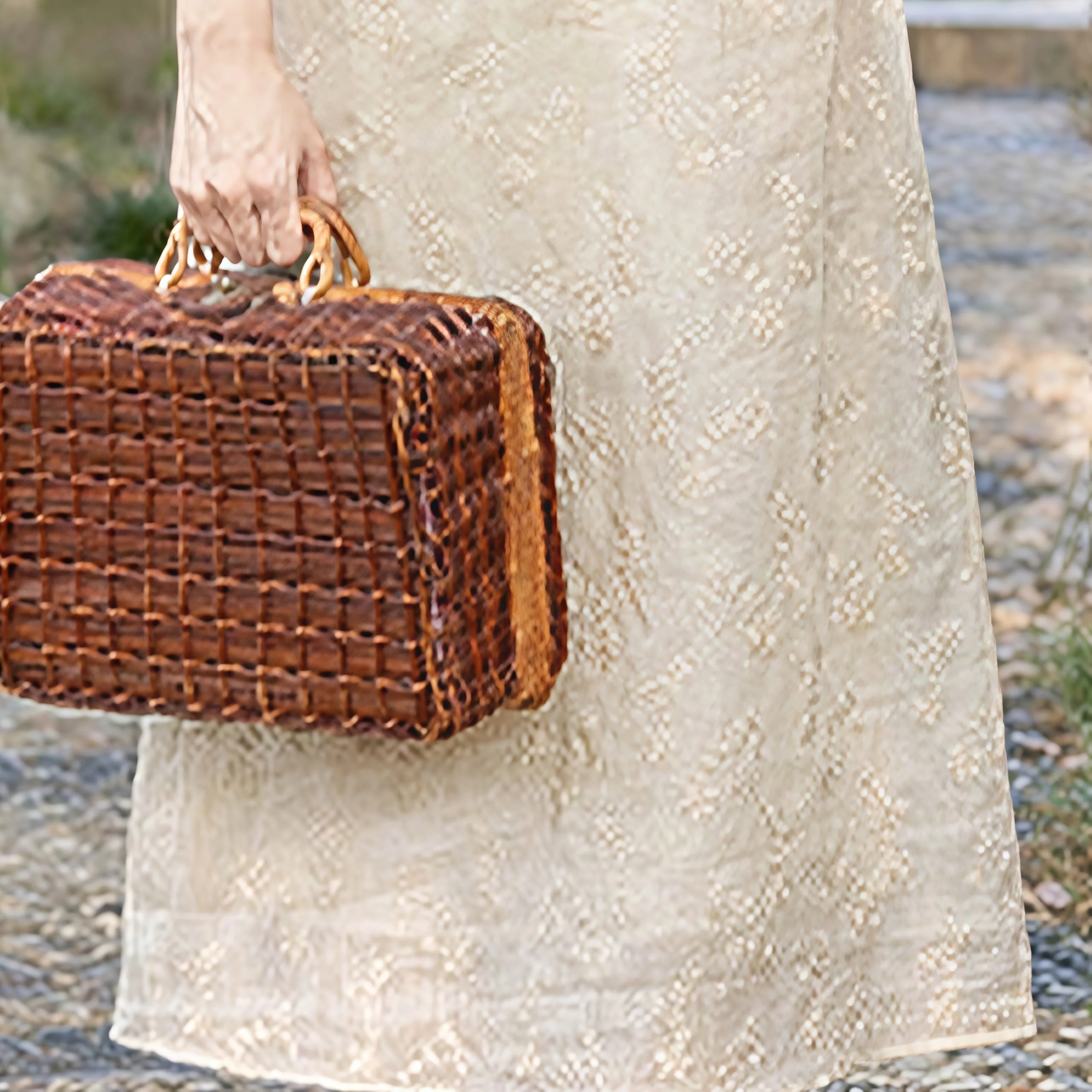Abito midi in ramie con tasche, colletto obliquo ricamato, manica corta, colletto alto, casual, motivo Buddha Stones - Image 6