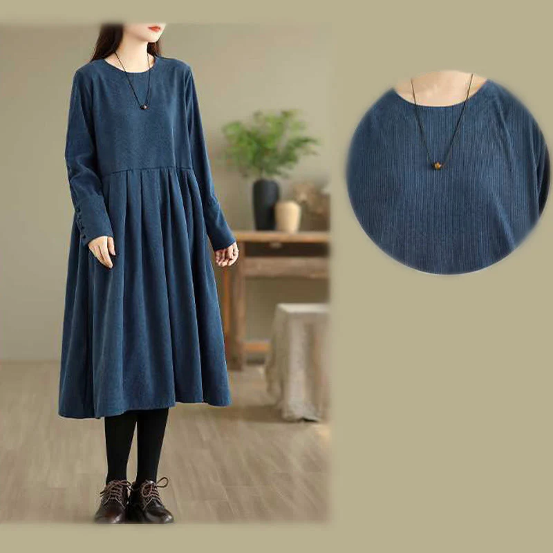Abito midi in velluto a coste blu scuro con maniche lunghe e tasche Buddha Stones Fall Plain - Image 16