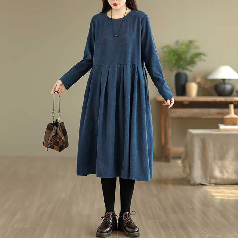 Abito midi in velluto a coste blu scuro con maniche lunghe e tasche Buddha Stones Fall Plain - Image 5