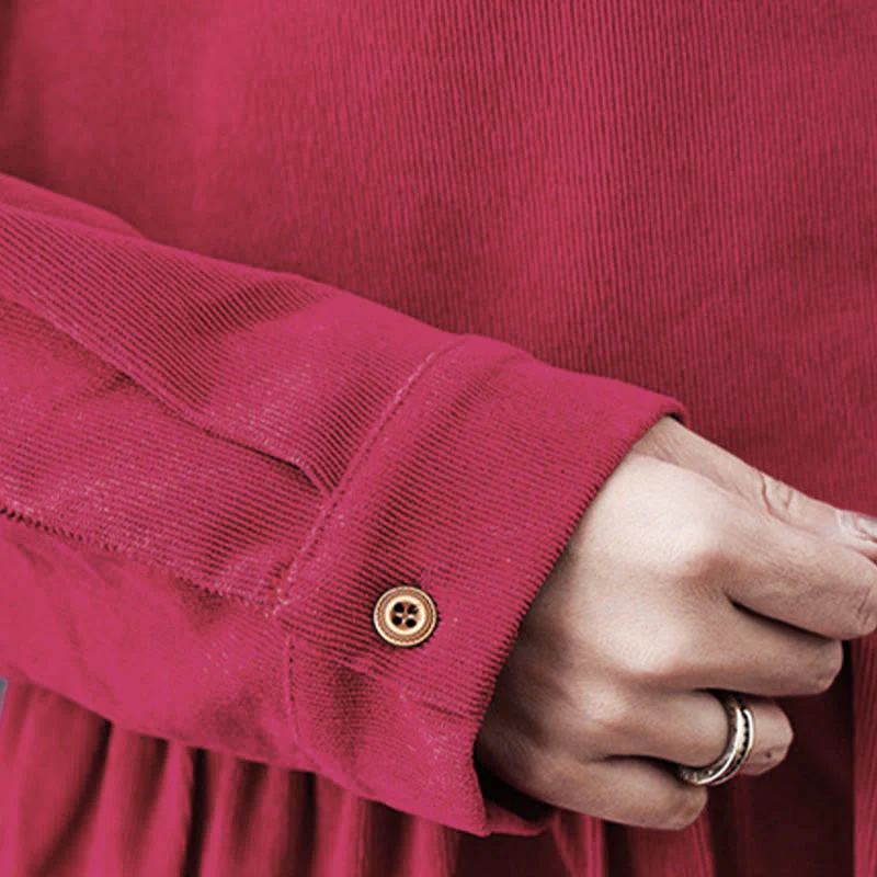 Abito midi in velluto a coste di cotone con maniche lunghe e tasche, motivo Buddha Stones Fall Buttons - Image 20