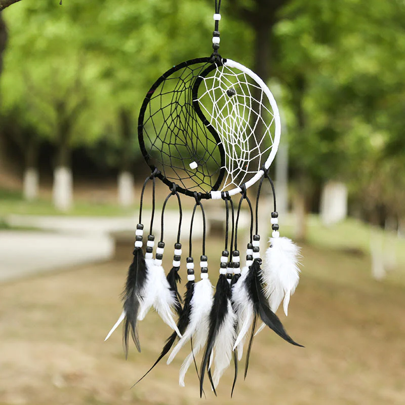 Acchiappasogni Yin Yang Rete circolare con piume Decorazione di equilibrio - Image 19