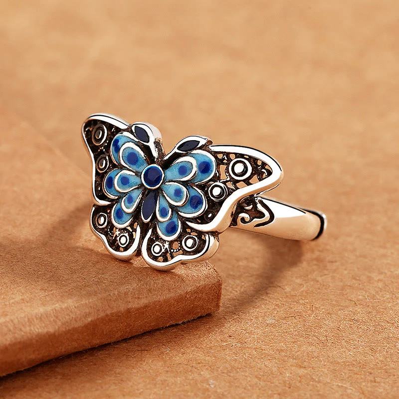 Anello Buddha Stones Hollow Enamel Blue Butterfly Pattern Love - Image 3