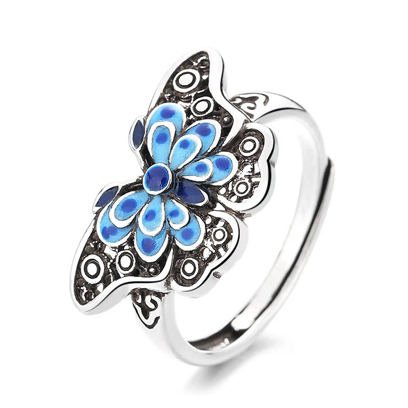 Anello Buddha Stones Hollow Enamel Blue Butterfly Pattern Love - Image 4