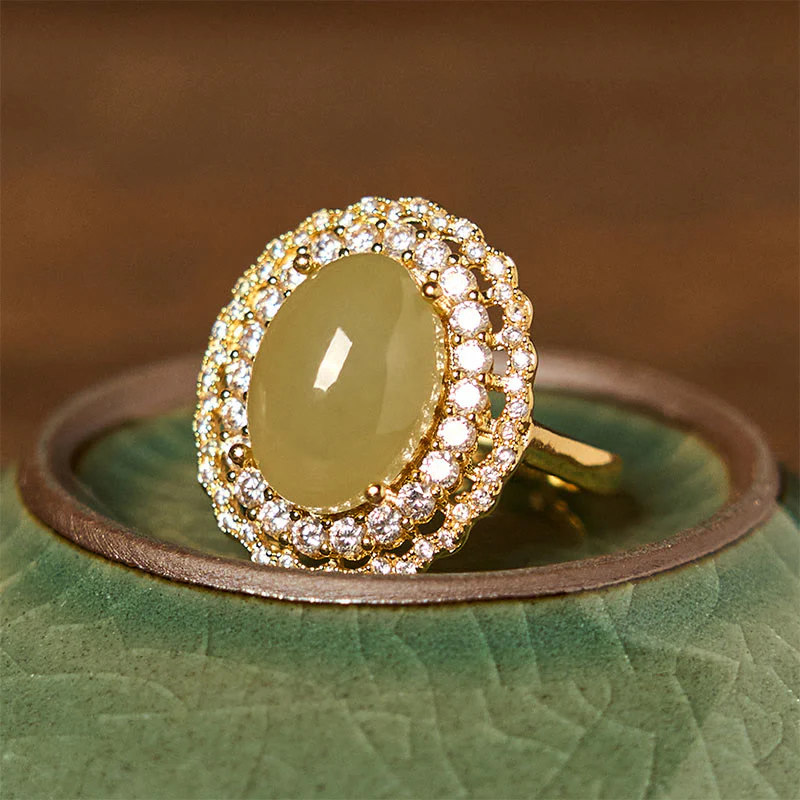 Anello Buddha Stones Natural Hetian Jade Egg Hollow Double Circle Zirconia Rame Aperto Abbondanza - Image 2