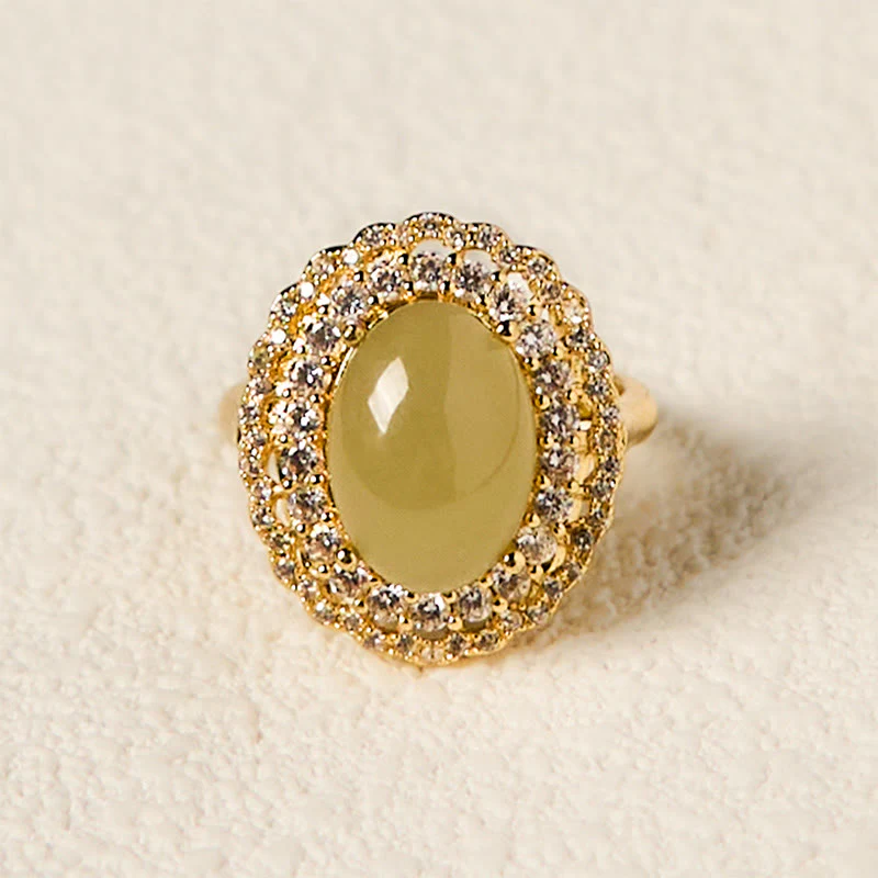 Anello Buddha Stones Natural Hetian Jade Egg Hollow Double Circle Zirconia Rame Aperto Abbondanza - Image 3