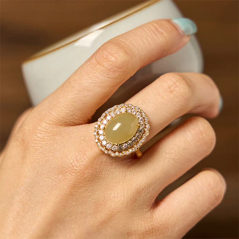 Anello Buddha Stones Natural Hetian Jade Egg Hollow Double Circle Zirconia Rame Aperto Abbondanza - Image 4