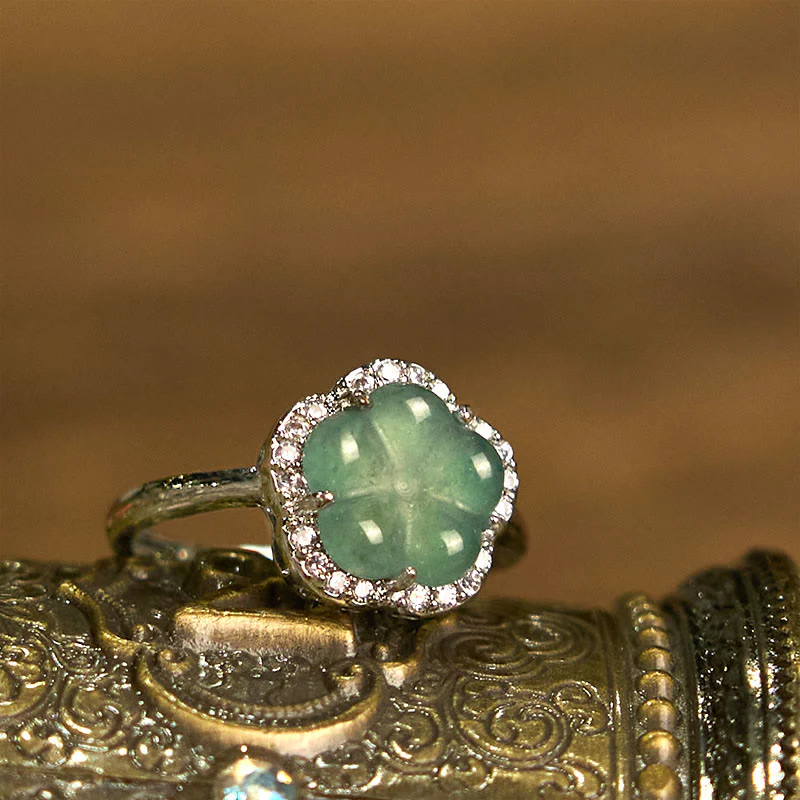 Anello con fiore in lega di giada Buddha Stones - Image 3