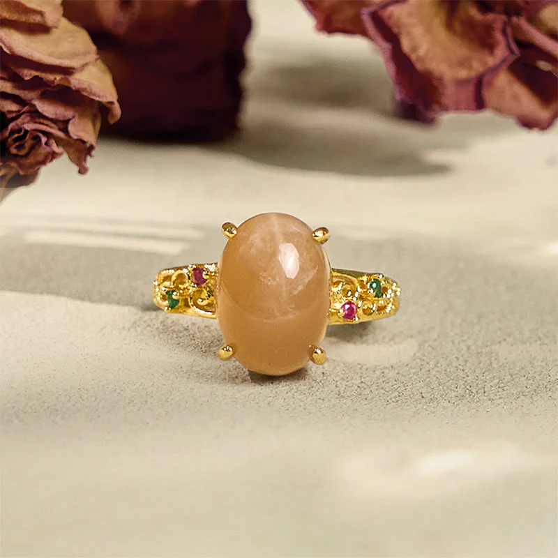 Anello della felicità regolabile con motivo a vite cava Buddha Stones e pietra di luna color pesca - Image 2