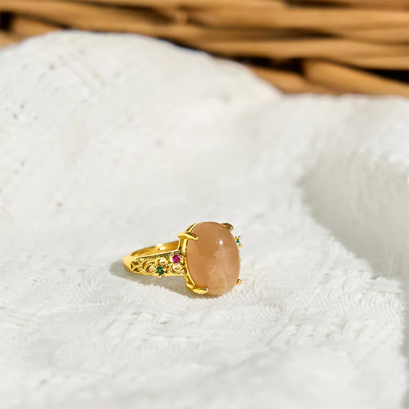 Anello della felicità regolabile con motivo a vite cava Buddha Stones e pietra di luna color pesca - Image 3