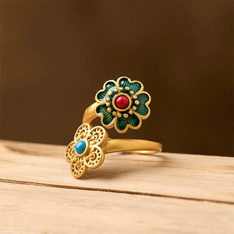 Anello della ricchezza Buddha Stones, doppi petali, turchese gocciolante in rame - Image 2
