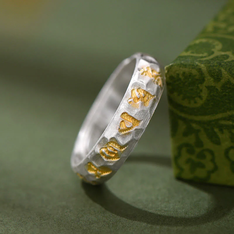 Anello della ricchezza in argento placcato rame con motivo a martello Buddha Stones Om Mani Padme Hum - Image 11