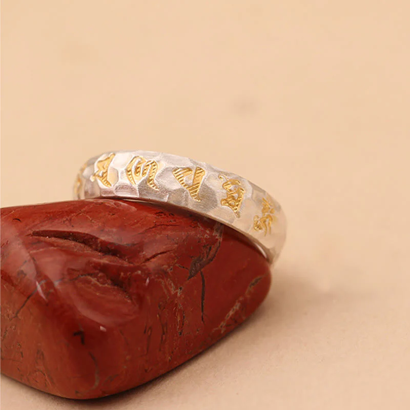 Anello della ricchezza in argento placcato rame con motivo a martello Buddha Stones Om Mani Padme Hum - Image 14