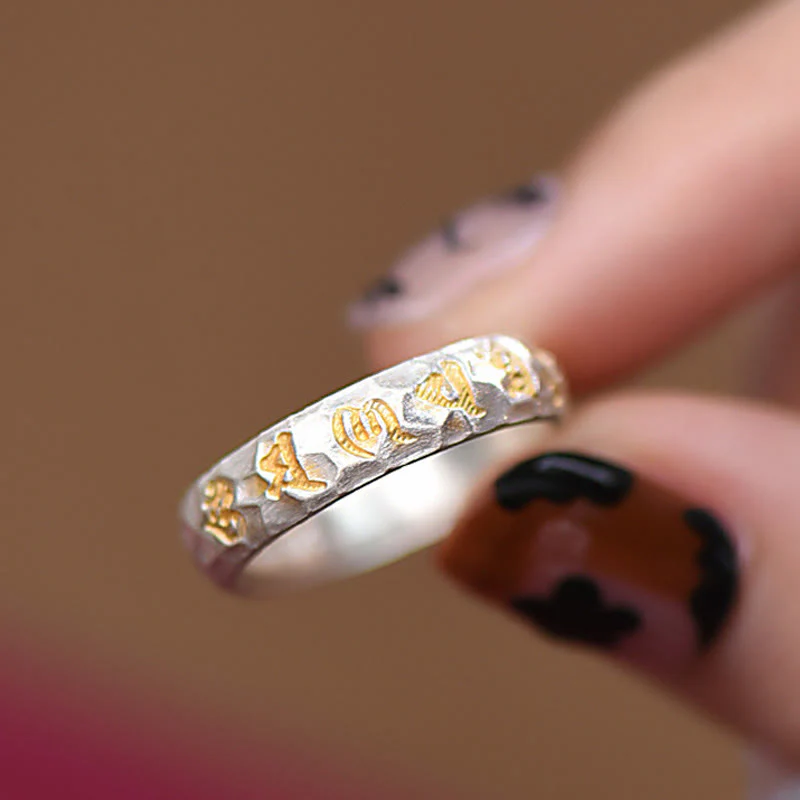 Anello della ricchezza in argento placcato rame con motivo a martello Buddha Stones Om Mani Padme Hum - Image 18