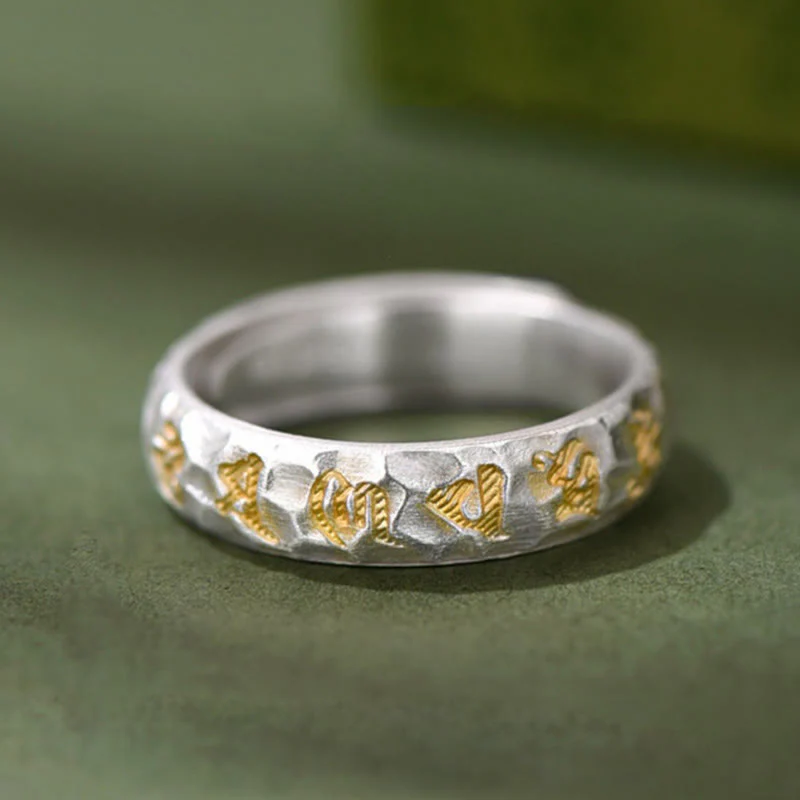 Anello della ricchezza in argento placcato rame con motivo a martello Buddha Stones Om Mani Padme Hum - Image 5