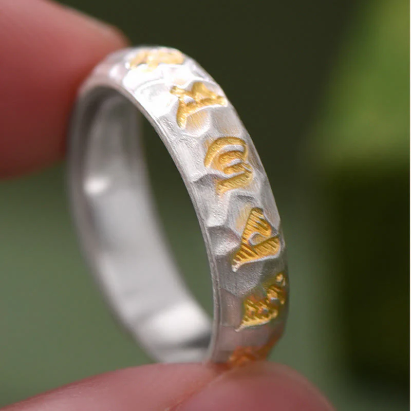 Anello della ricchezza in argento placcato rame con motivo a martello Buddha Stones Om Mani Padme Hum - Image 9