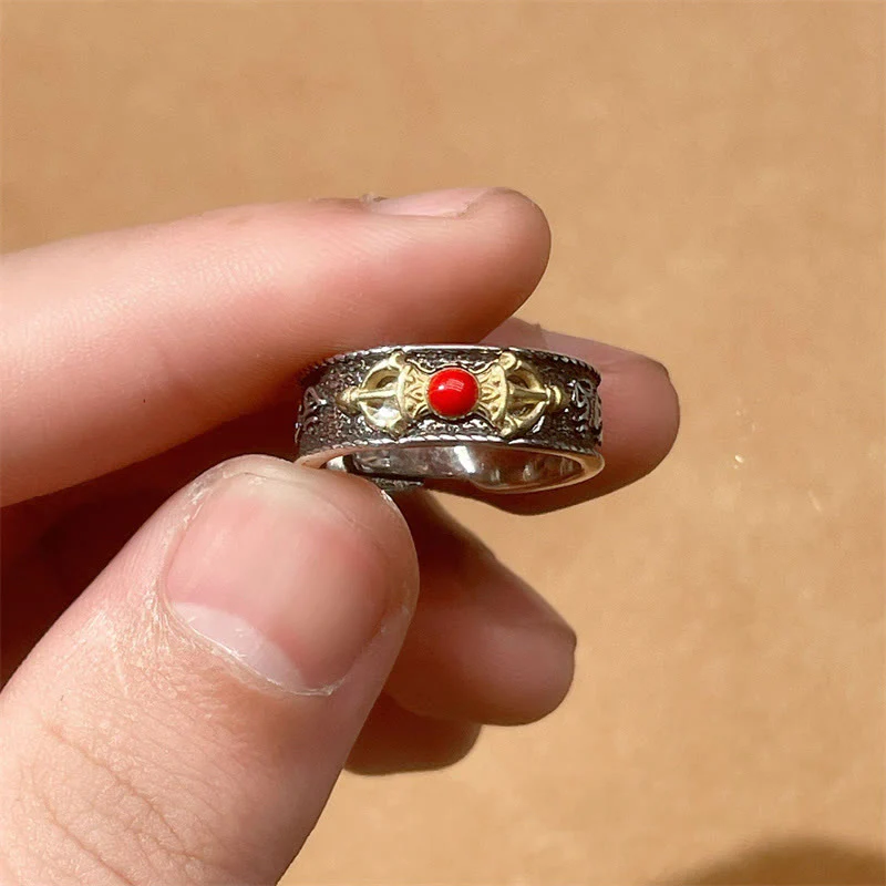 Anello della saggezza tibetano Buddha Stones Om Mani Padme Hum in agata rossa Dorje Vajra - Image 4