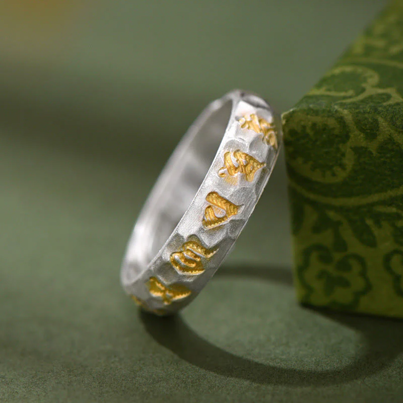 Anello dell'equilibrio Om Mani Padme Hum con motivo a martello in argento sterling 999 Buddha Stones - Image 2