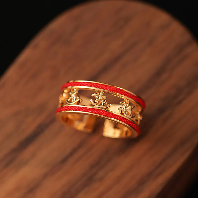 Anello di apertura in rame con benedizione della fortuna dell'anno del cavallo dorato Buddha Stones - Image 2