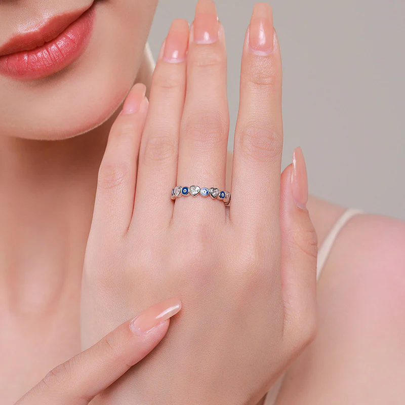 Anello di benedizione con zircone a forma di cuore con occhio malvagio in argento sterling 925 Buddha Stones - Image 3