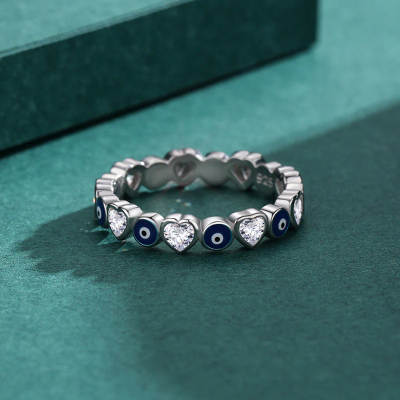 Anello di benedizione con zircone a forma di cuore con occhio malvagio in argento sterling 925 Buddha Stones - Image 4