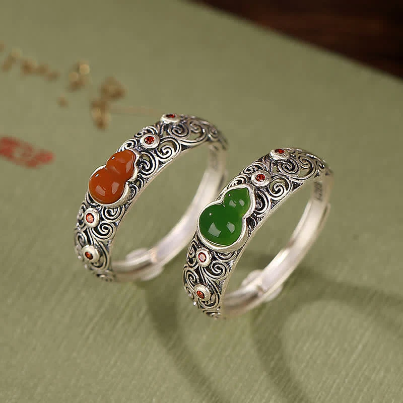 Anello di buon auspicio con zucca, giada ciano e agata rossa in argento sterling 925 - Image 2