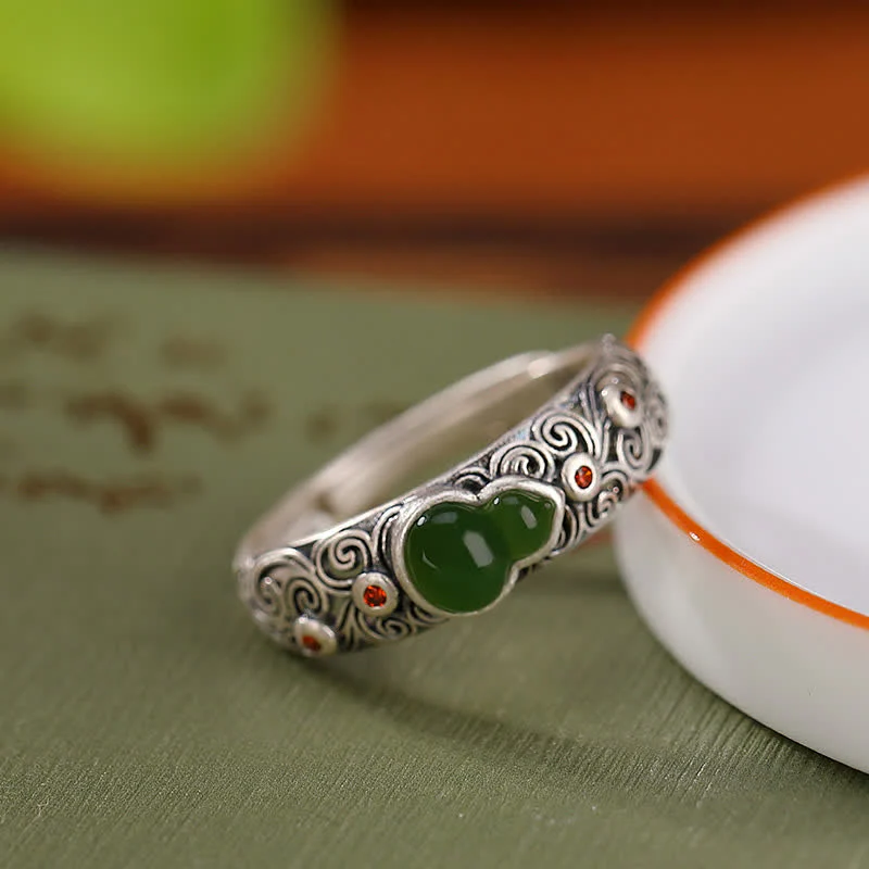 Anello di buon auspicio con zucca, giada ciano e agata rossa in argento sterling 925 - Image 7