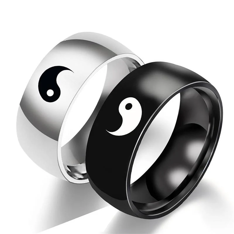 Anello di coppia in acciaio al titanio con equilibrio Yin Yang Buddha Stones - Image 4