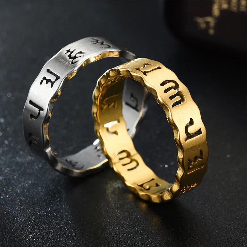 Anello di equilibrio in acciaio al titanio Buddha Stones tibetane cave Om Mani Padme Hum
