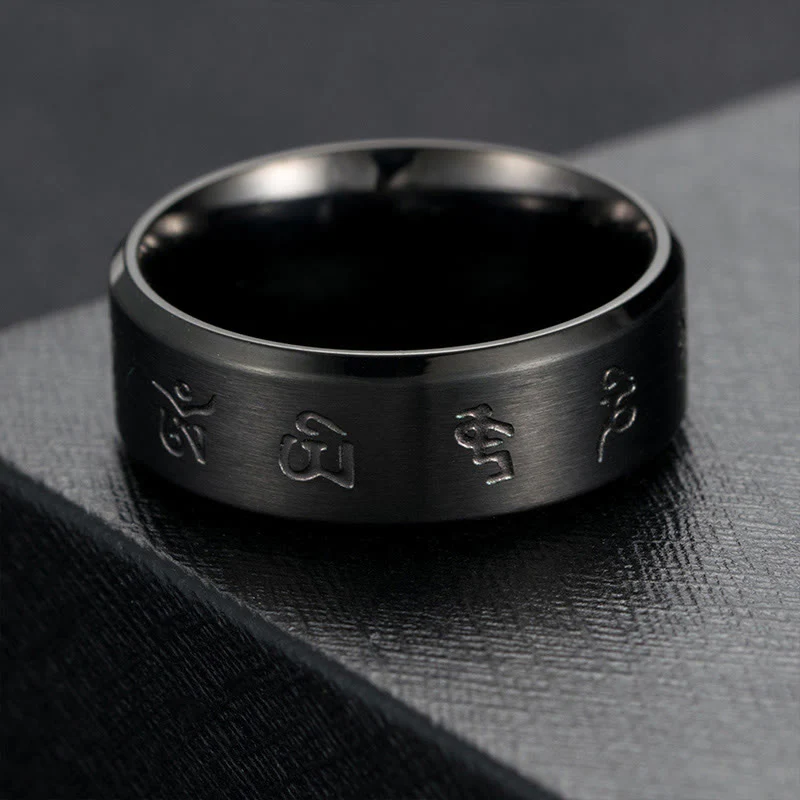 Anello di equilibrio in acciaio al titanio con mantra Jambhala nero Buddha Stones - Image 2
